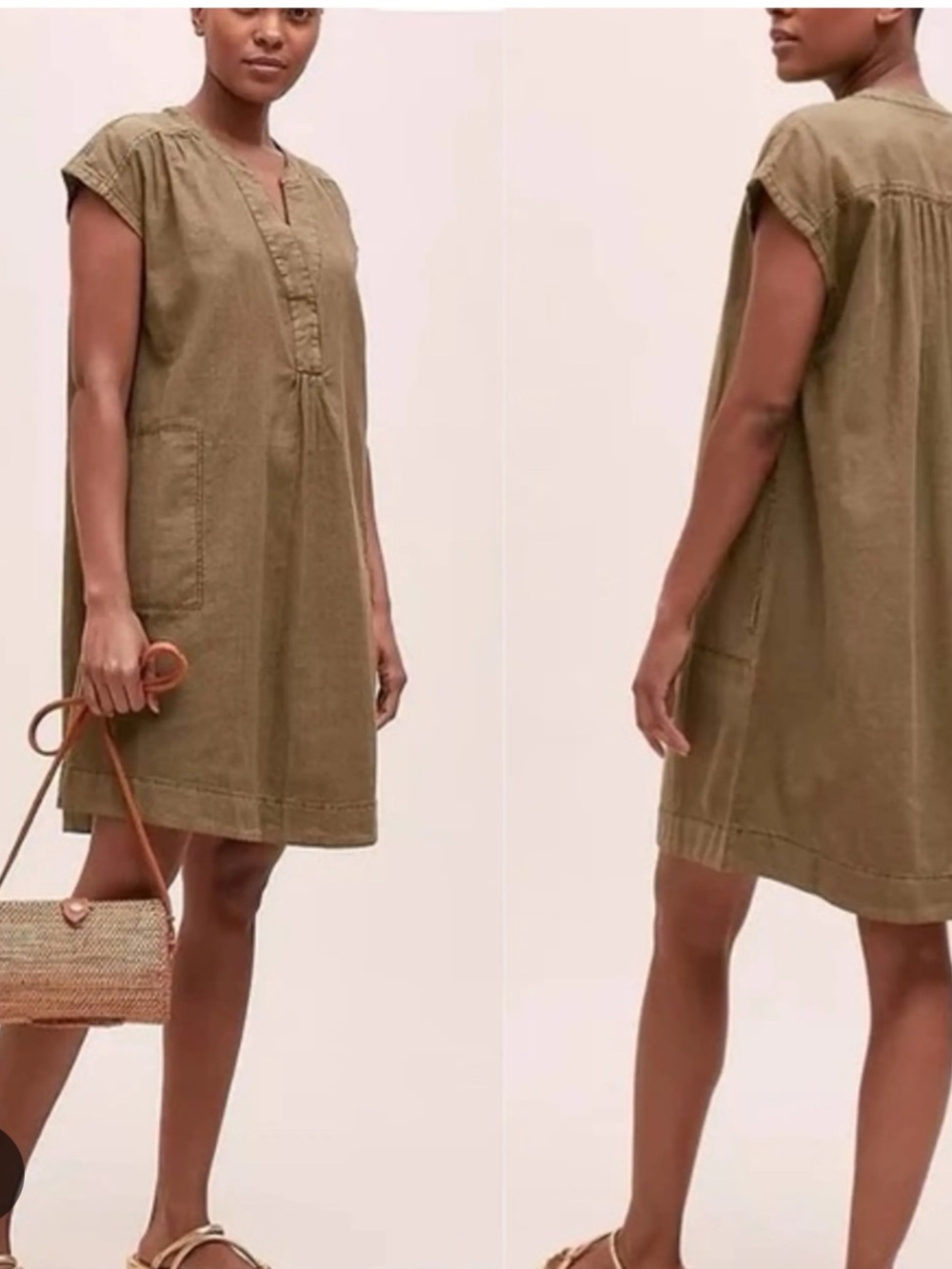 Anthropologie Kimber Olive Green / Moss Green Linen Blend Oversized Tunic Dress
